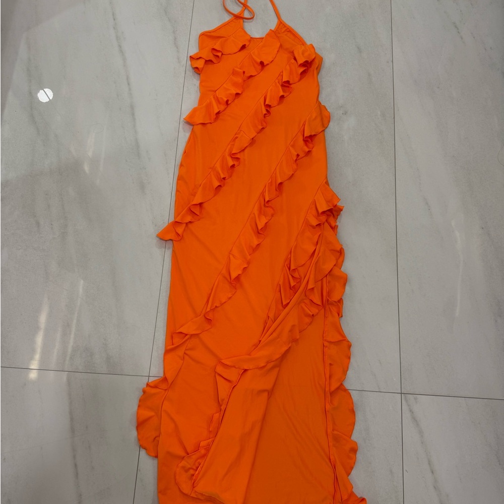 Ruffled Halter Maxi Dress in Vibrant Orange